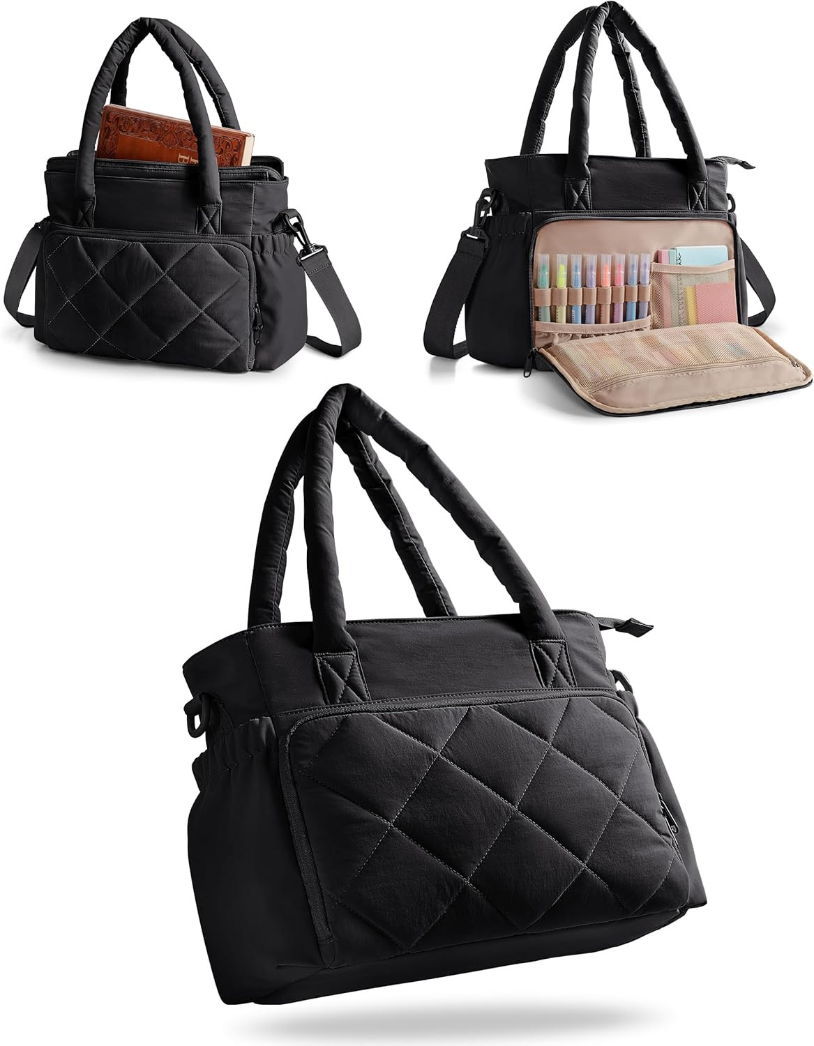 Quilted Bible Tote with Crossbody Strap and Water Bottle Pockets for Women