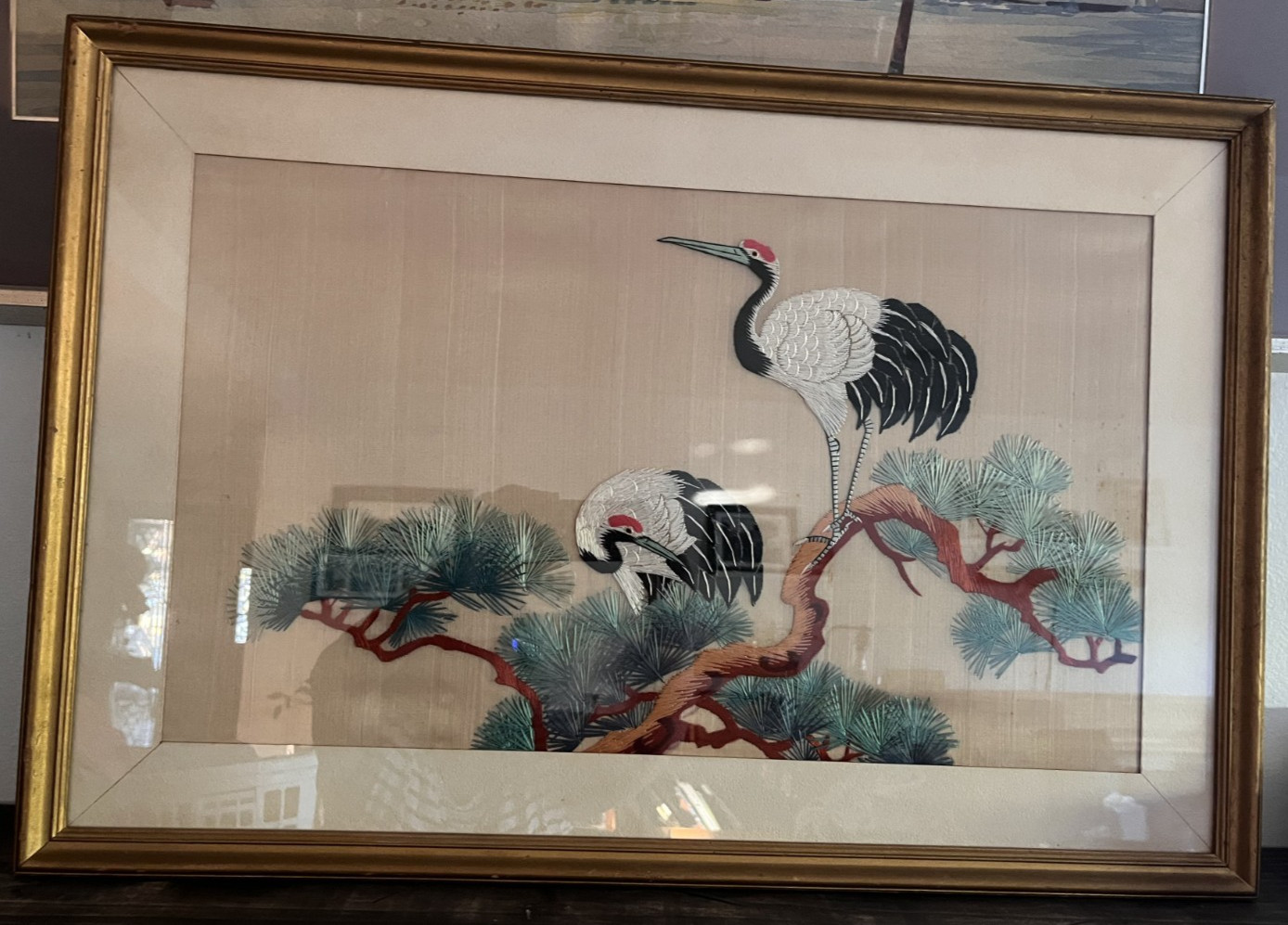 Vintage Asian Framed Silk Embroidery Artwork Cranes Pine Tree 27.5" x 18.5"