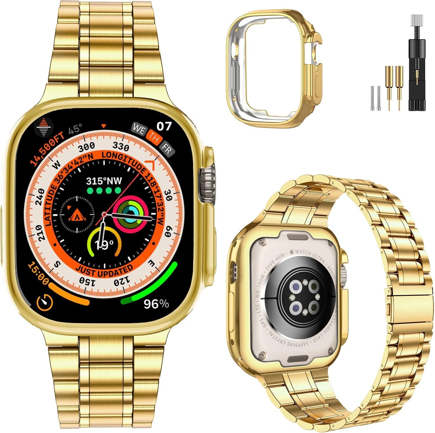 Solid Stainless Steel Strap Compatible with Apple Watch Ultra 49mm, Gold
