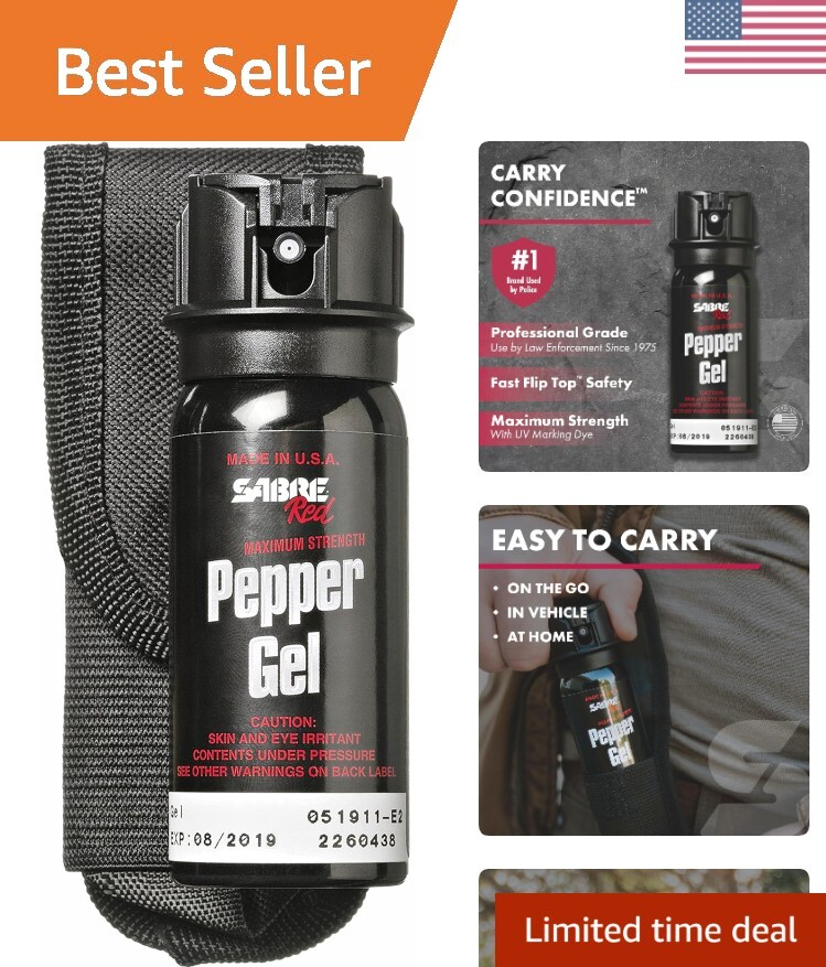 18 Bursts Tactical Pepper Gel - Quick Flip Safety, with Belt Holster Included