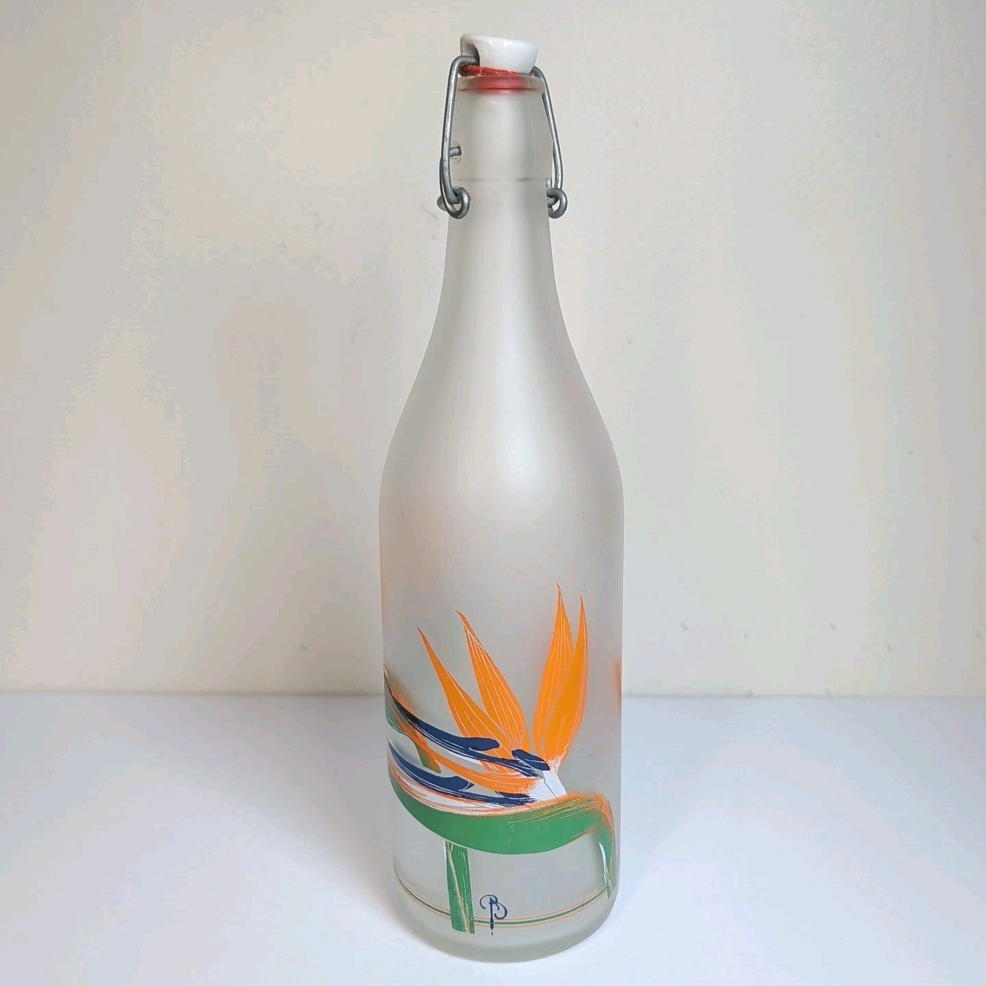 Vtg 80s Italy Provender Painted Bird Of Paradise Frosted Glass Bottle & Stopper