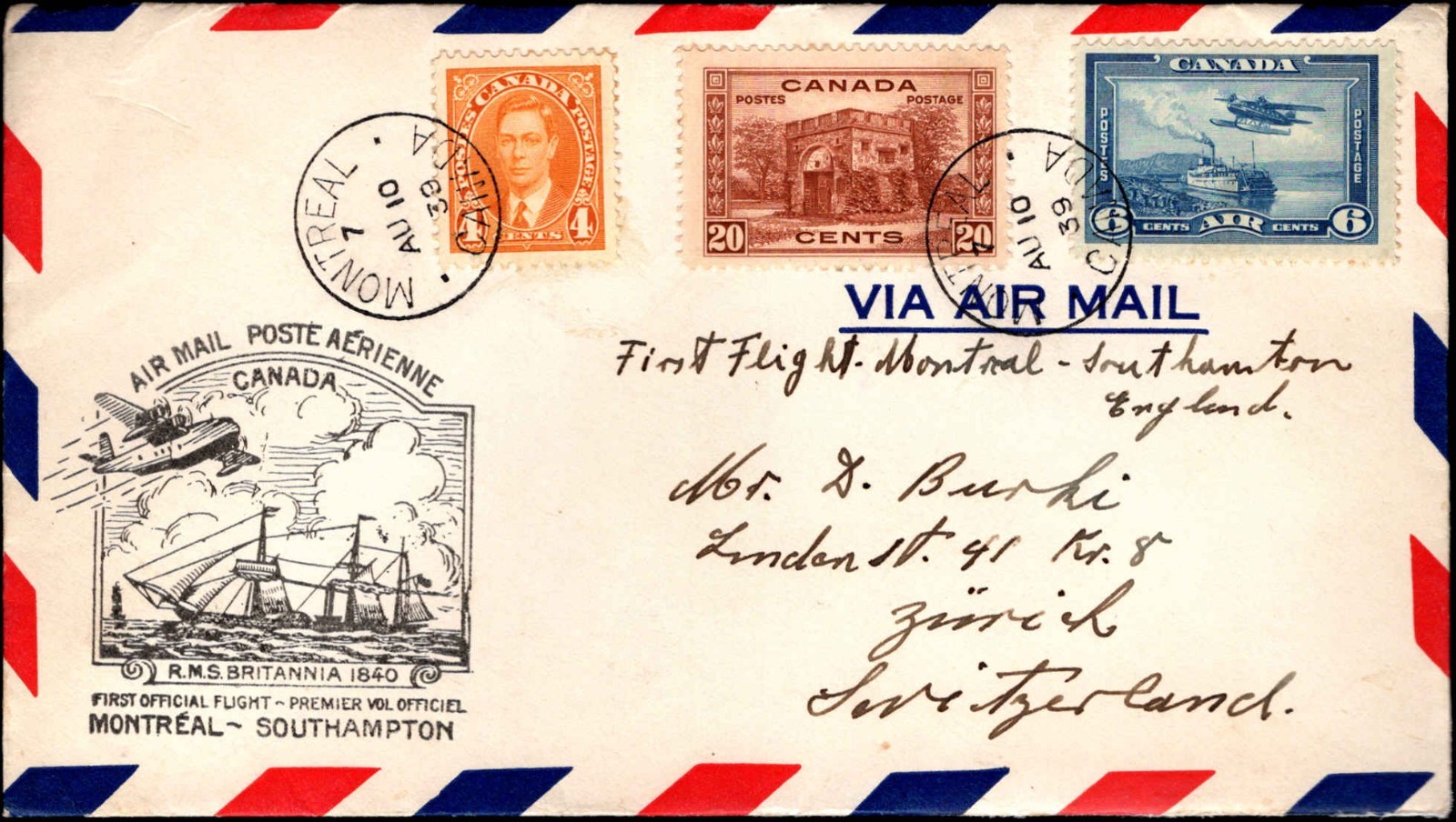1939 First Flight Montreal Canada to Southampton England Airmail Cover