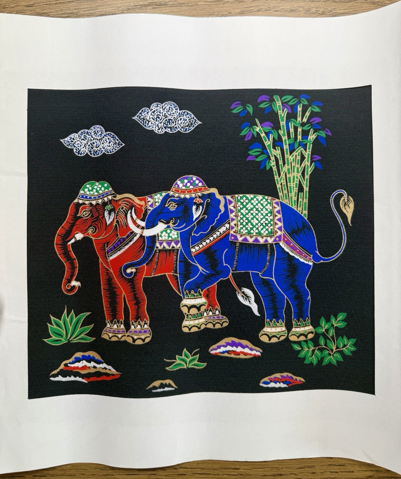 12"x11.5" Vintage Thai Art Silk Screen Print Painting ELEPHANT PAIR