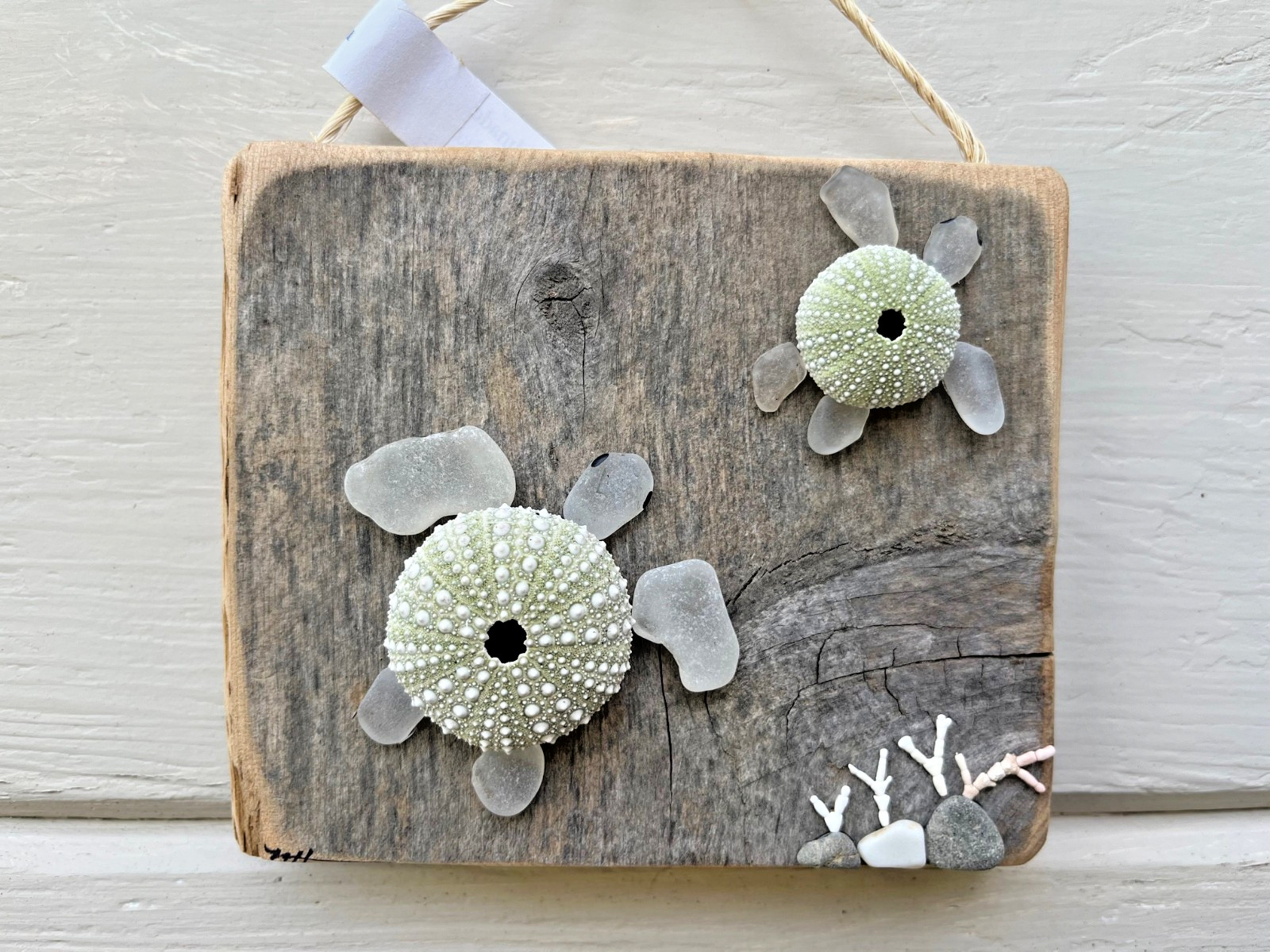Sea glass art decor, handmade original reclaimed wood, ocean urchin shell turtle