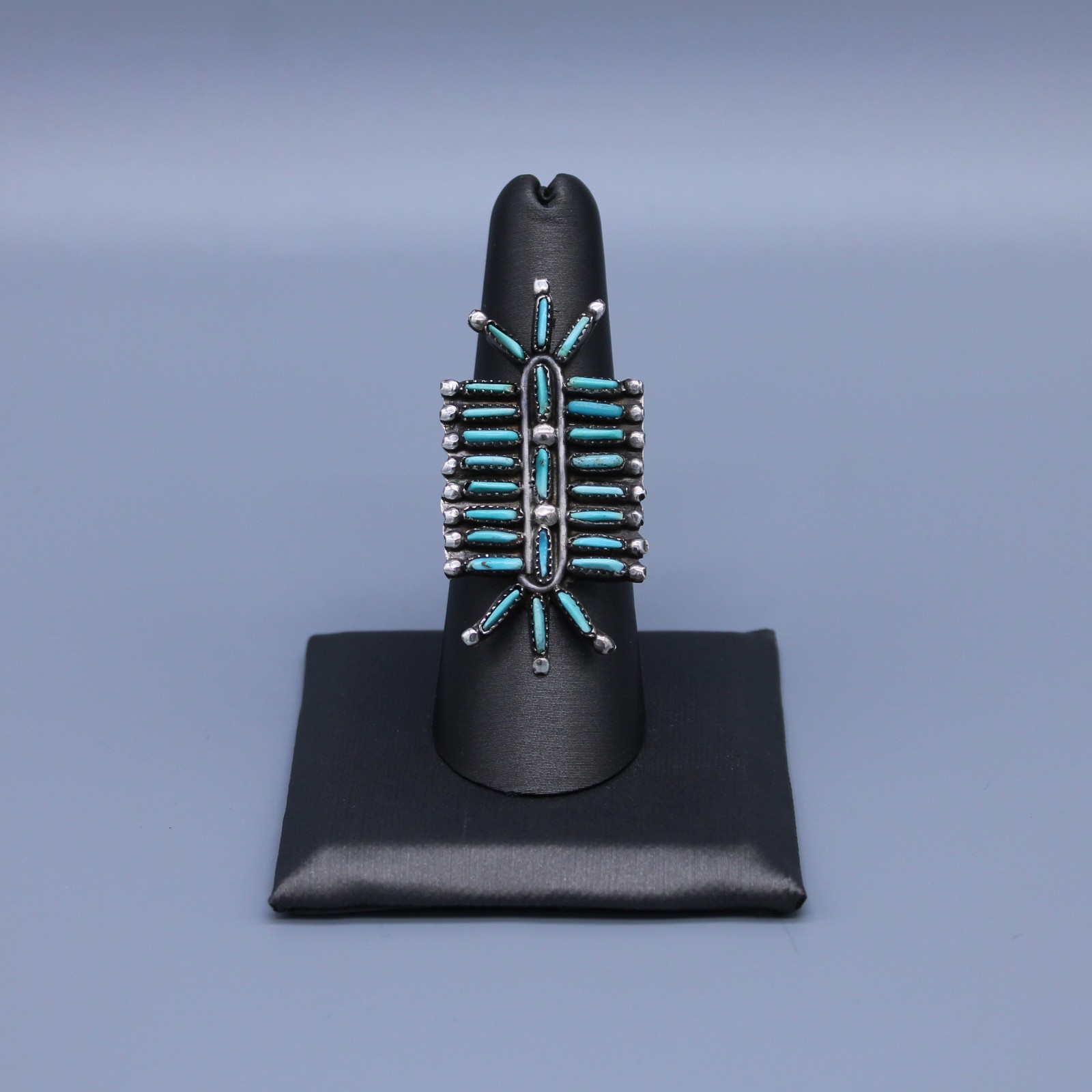 Unique Petit Point Turquoise Sterling Silver Ring Size 7 1/2