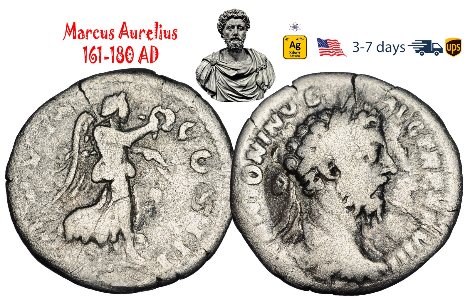 Ancient Roman Empire Coin Silver Denarius Marcus Aurelius 161 180 AD #33482