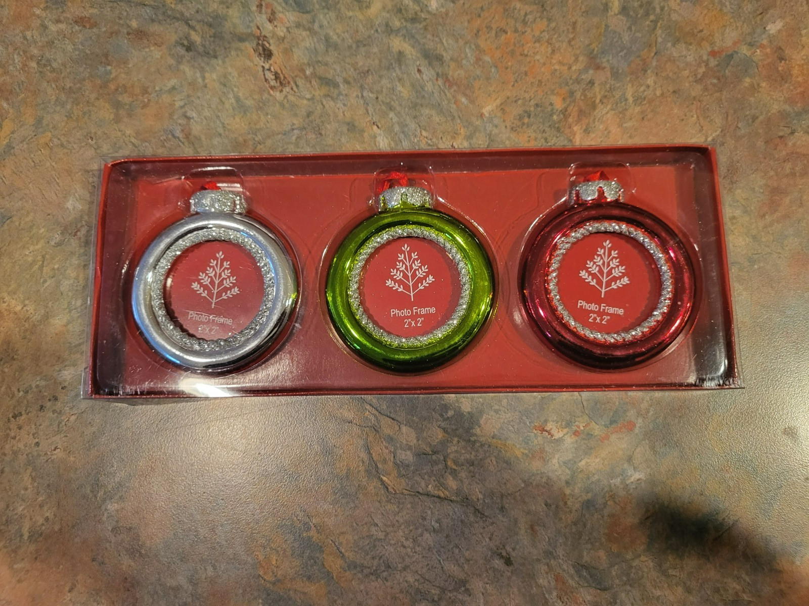 Holiday Christmas Photo Frame Ornaments Set Of 3   (Holds 2" X 2" Photo)