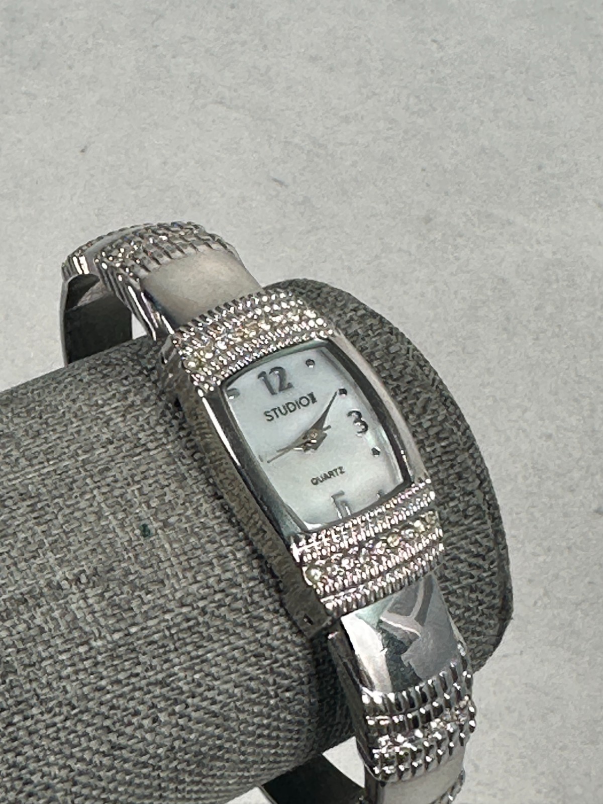 Studio Time Watch Women 19mm Rhinestone Bezel Band MOP Cuff Bracelet New Battery