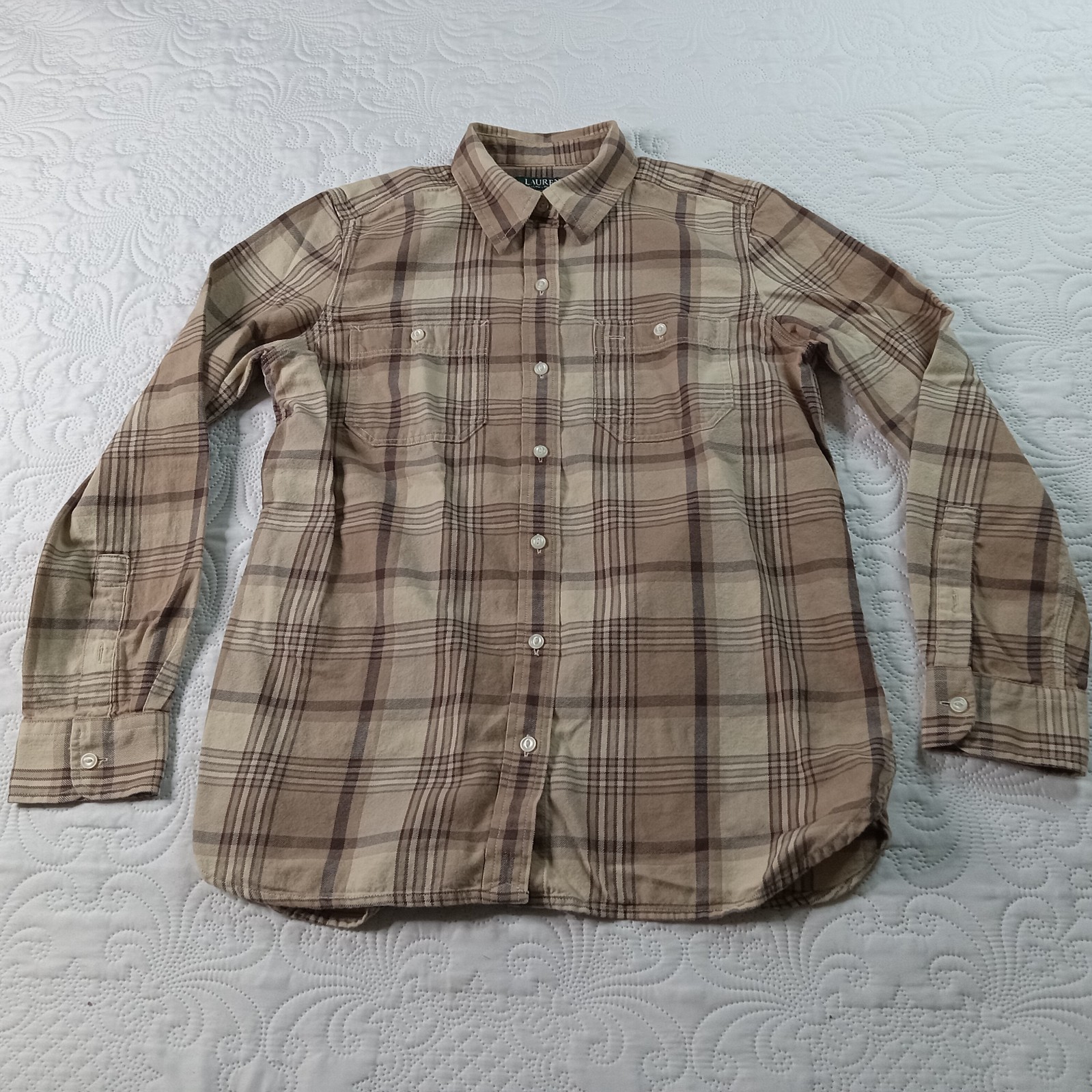 Lauren Ralph Lauren Plaid Shirt Womens M Brown LS Cotton Rustic Cabincore EUC
