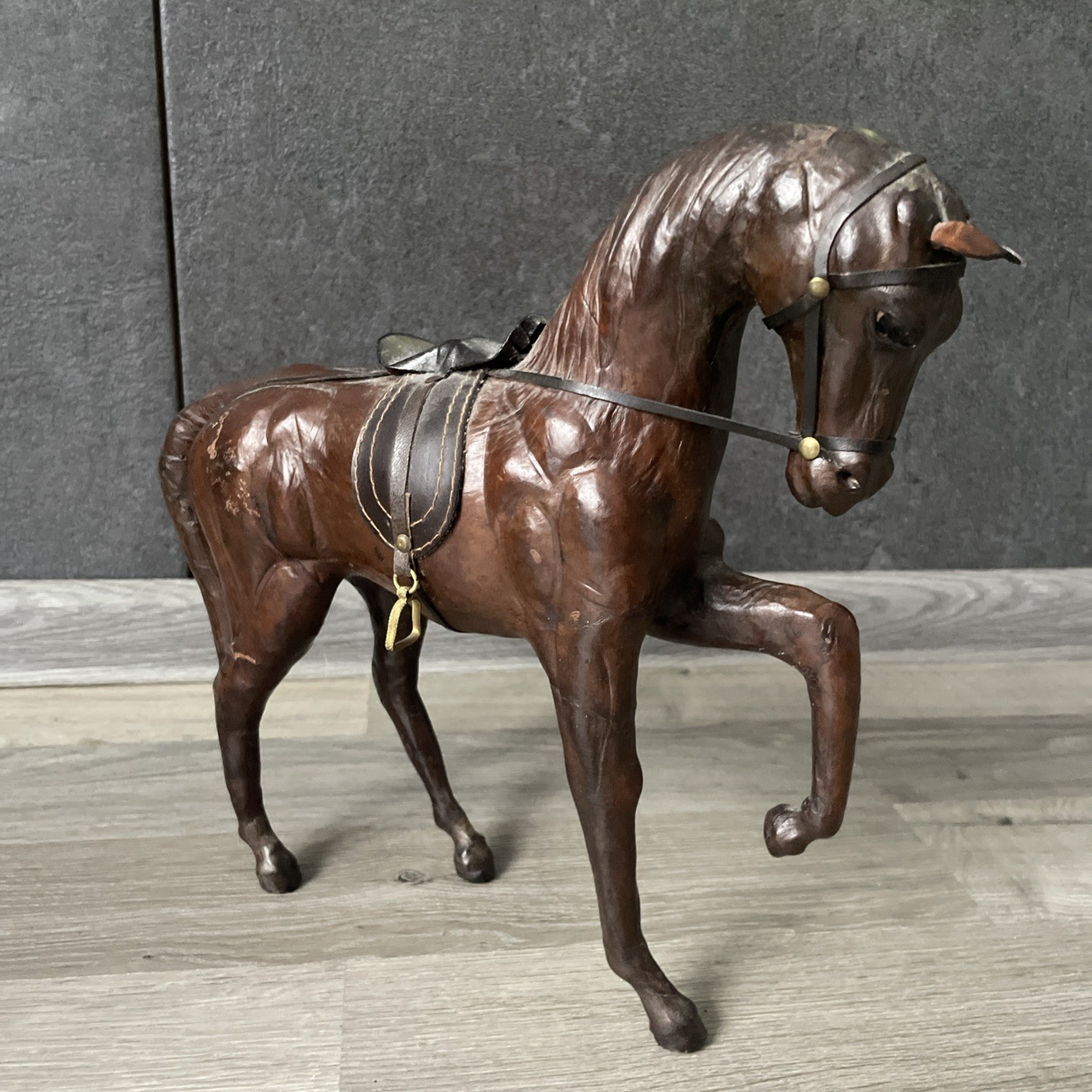 Vintage Horse papier mache Leather Wrapped Art Statue Equestrian Figurine 