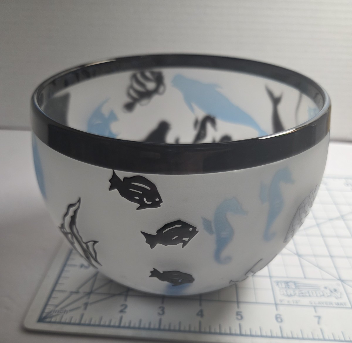 Ltd Edition Vtg 1999 Correia Glass Aqua Black Sea Life Art BOWL Signed #2 Of 500