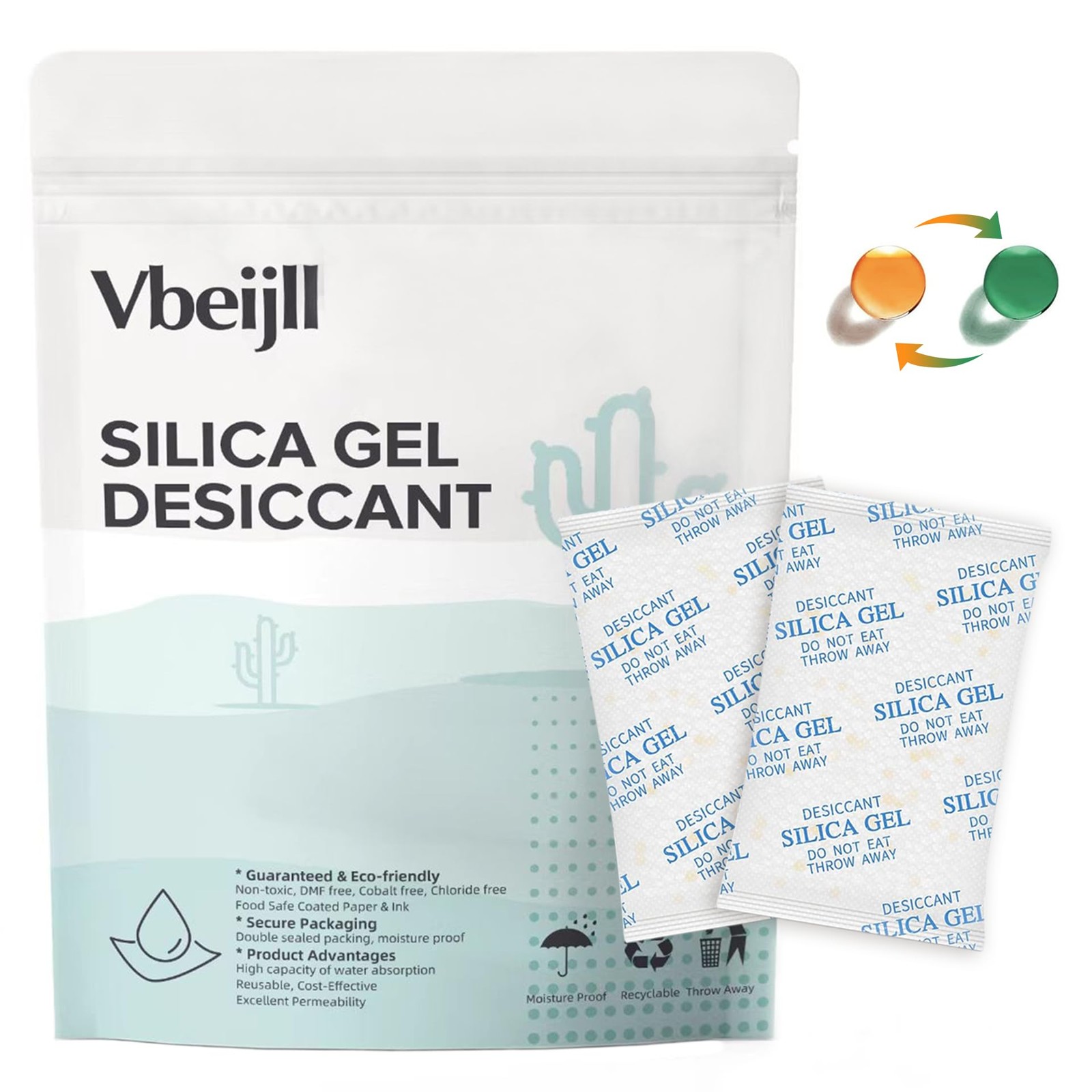 Vbeijll 1 Gram (100 Pack) Color-Indicating Silica Gel Packets, Premium 1 