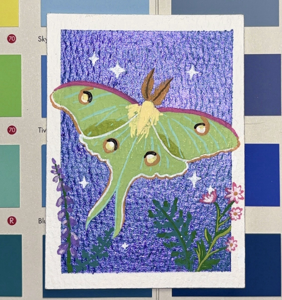 ACEO Original Luna Moth Painting with Iridescent BG 2.5x3.5in by Isa Creates