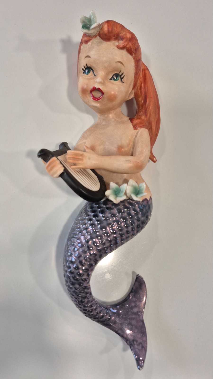 Rare Vintage Mid-Century 1950's Lefton Ceramic Mermaid Wall Plaque Playing Harp