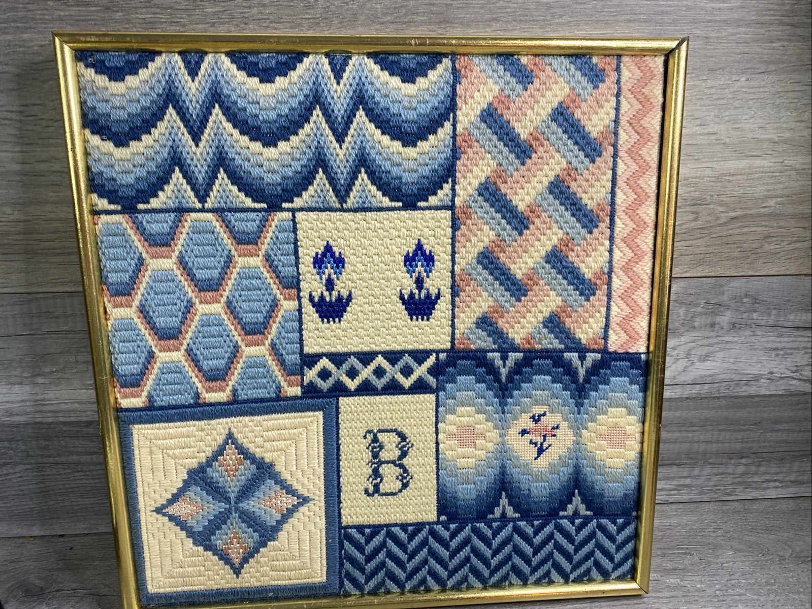 VTG Cross Stitch, 14x15 Art Deco Textile Tapestry Blue Pink Off-White Letter B