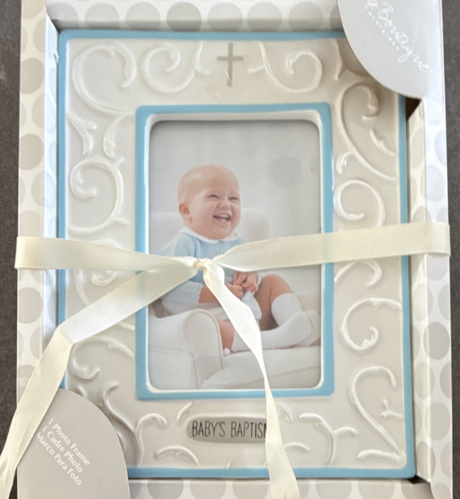 C. Bervynge Enterprises Religious Baby's Baptism Photo Frame White Blue Keepsake