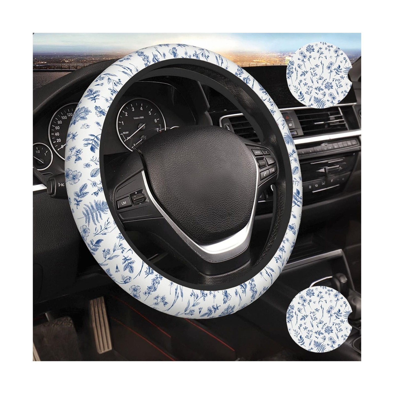 Vintage Blue Flower Steering Wheel Cover Car Decor Vintage Blue Flower