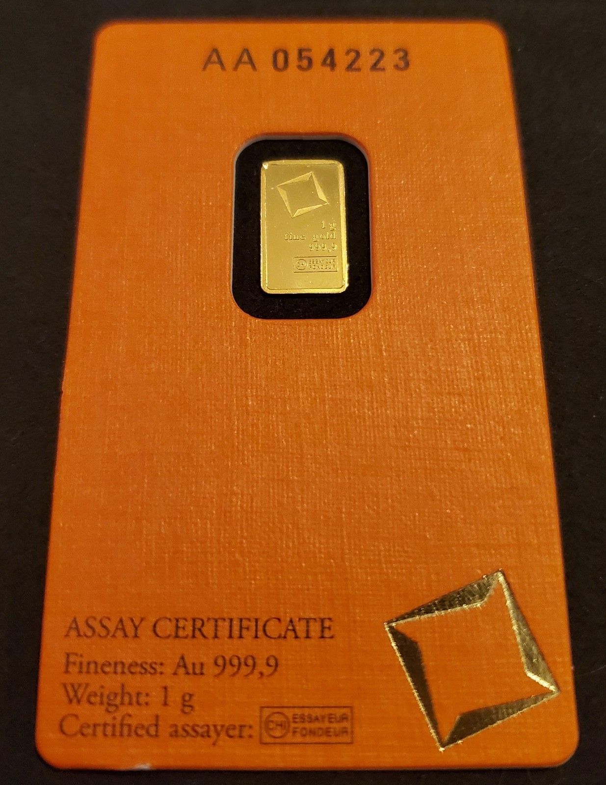 Valcambi 1 Gram Gold Bar .9999 - Unsealed with Assay Card