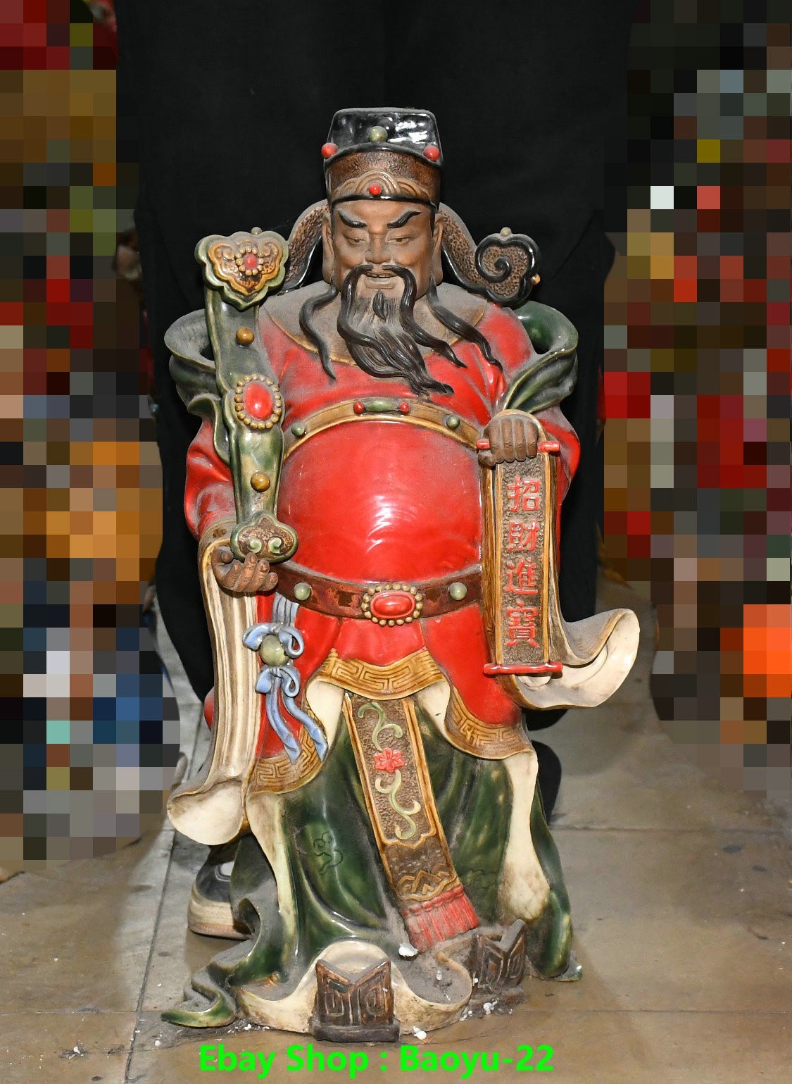 24.8''Old Chinese Shiwan Porcelain Ruyi Money Wealth Yuanbao God Mammon Statue