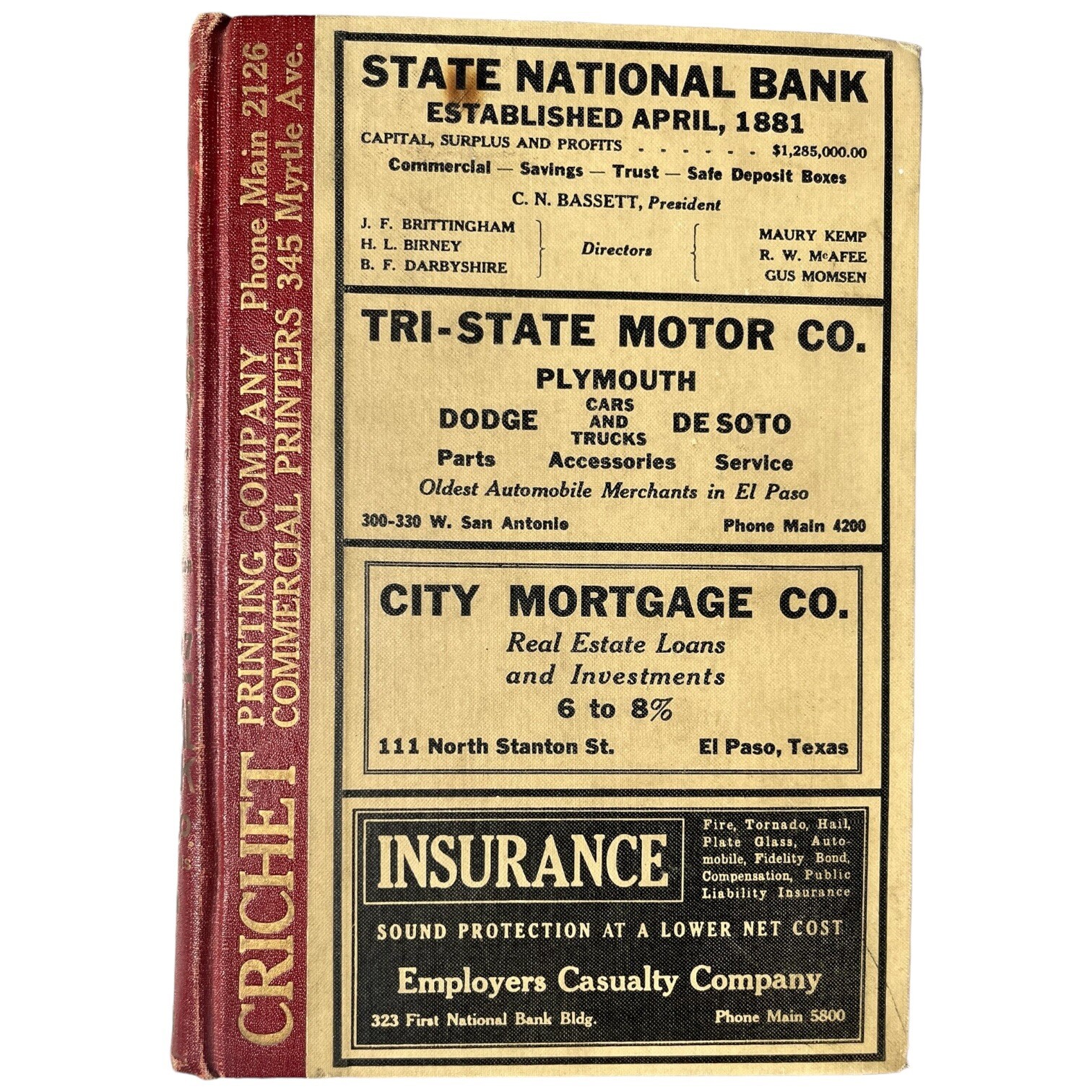 Vintage Telephone Directory 1933 Hudspeth's El Paso City Texas Hardcover Book