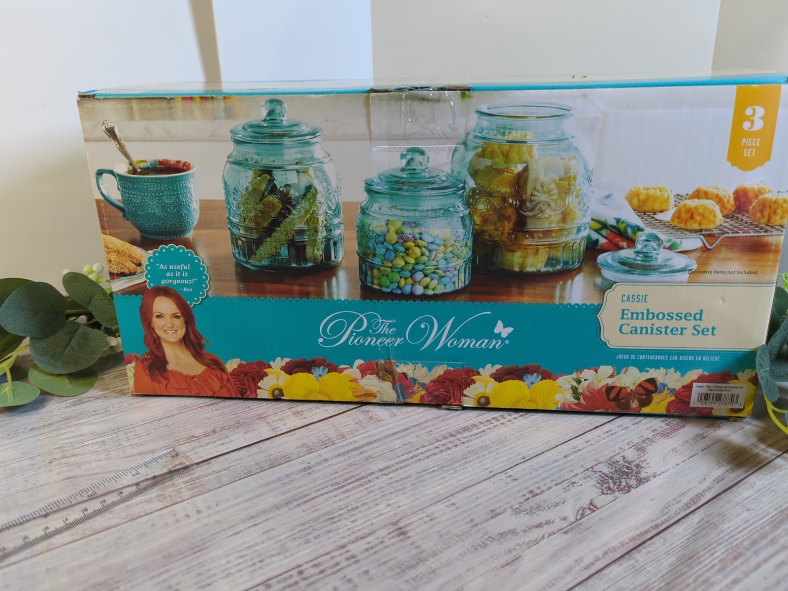 The Pioneer Woman Cassie Embossed Teal Glass Canister Set of 3 Open Box