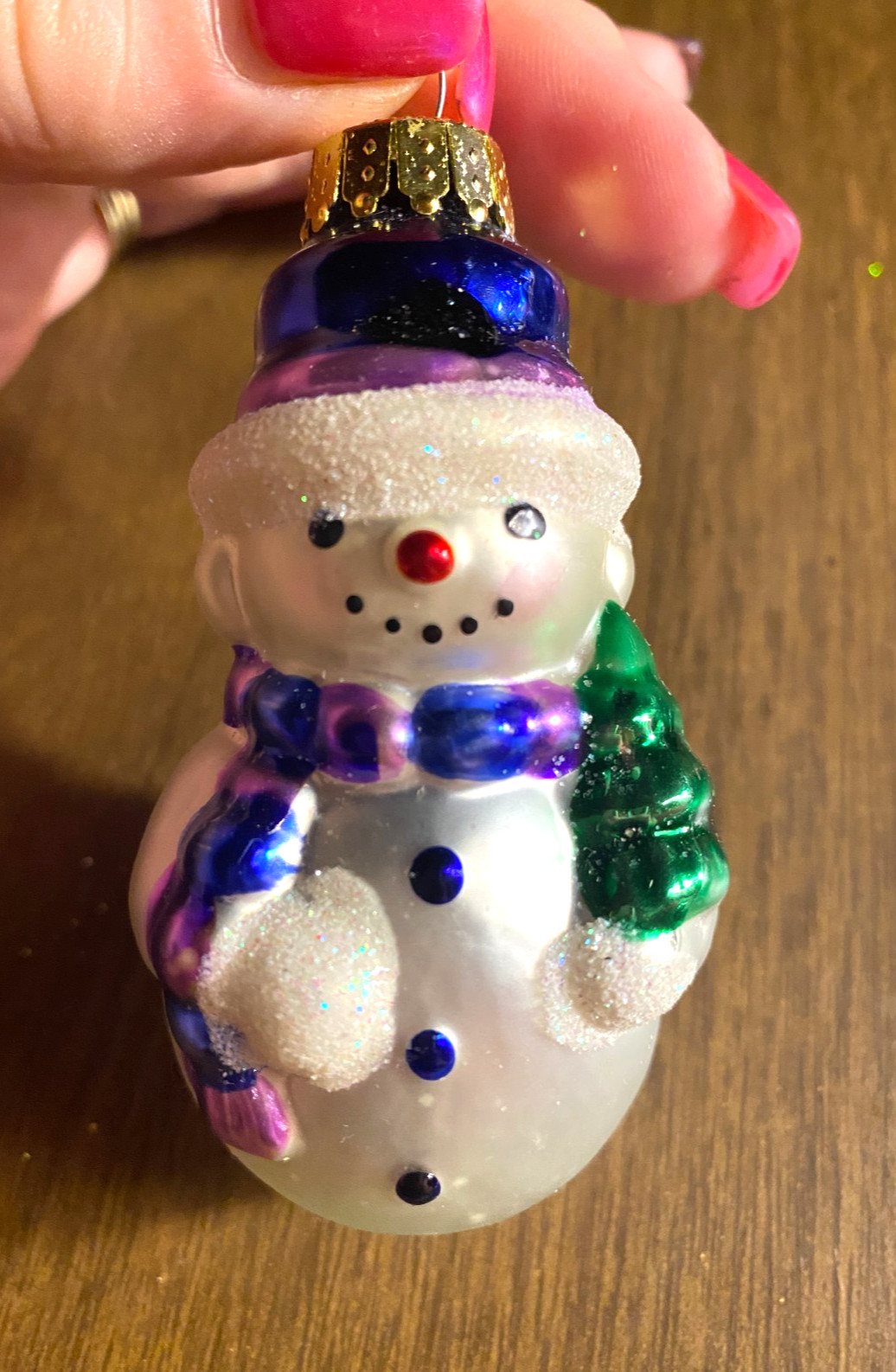 Blown Glass Snowman Purple Scarf Christmas Ornament 3 1/4"
