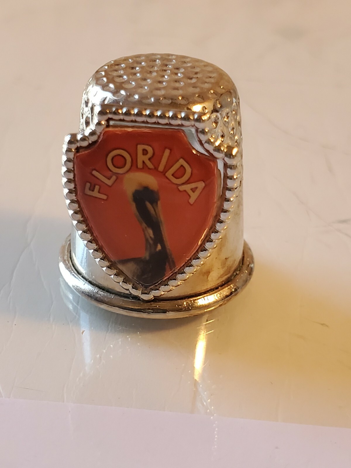 Vintage Florida Pelican Thimble MINT PERFECT silver tone box6