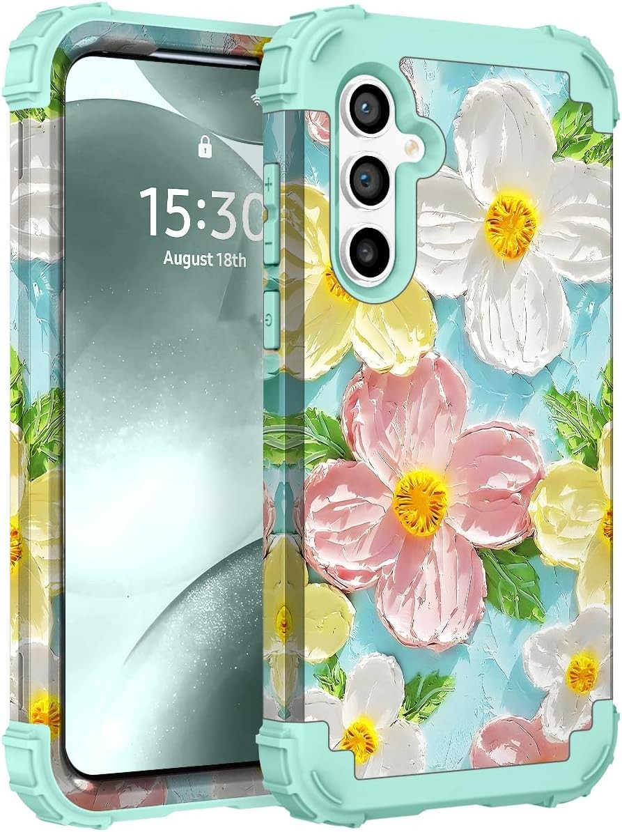 Galaxy S24 Plus Case, 3 in 1 Oil Painting Flower Pattern Heavy Duty Protection