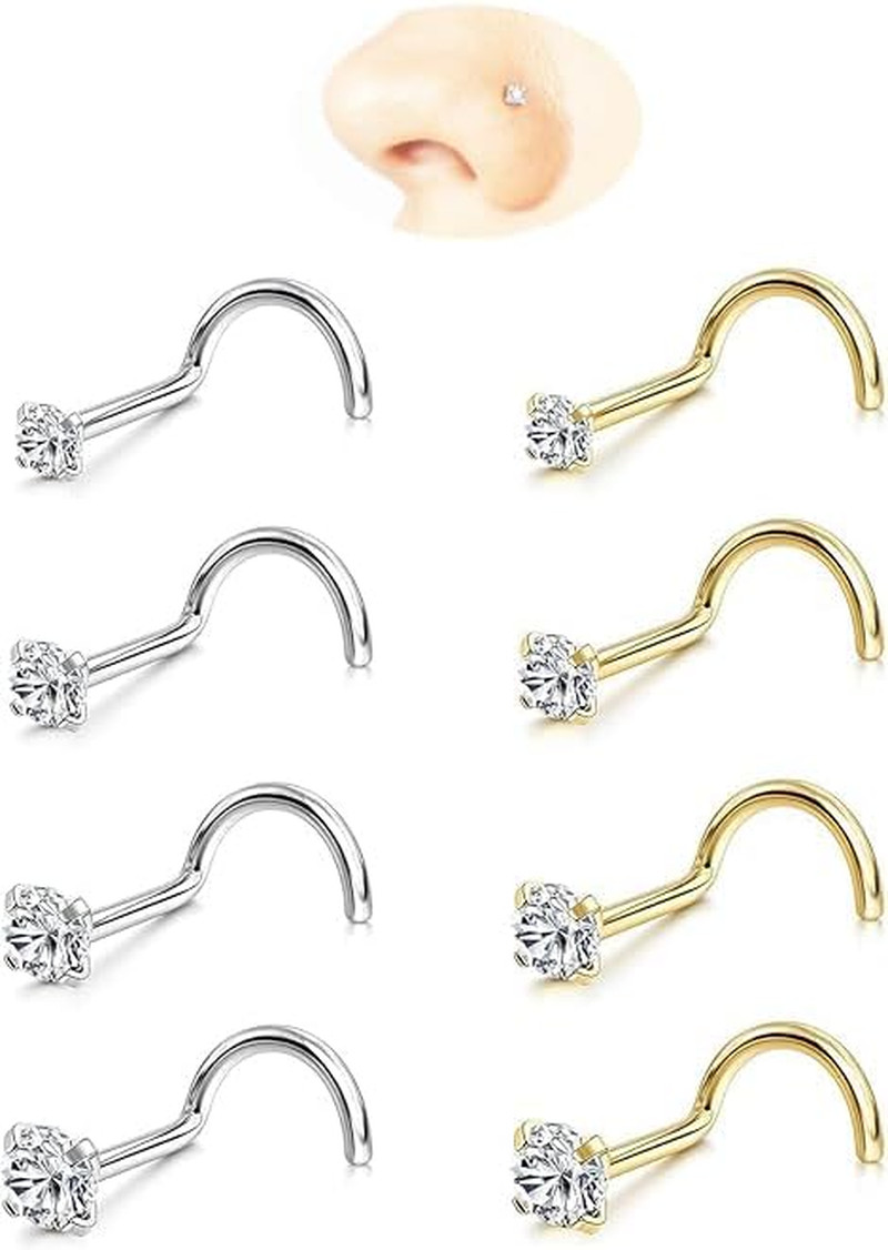 Nose Rings Studs: 8Pcs 20G/18G Gold/Silver 316L Surgical Stainless Steel Nose St