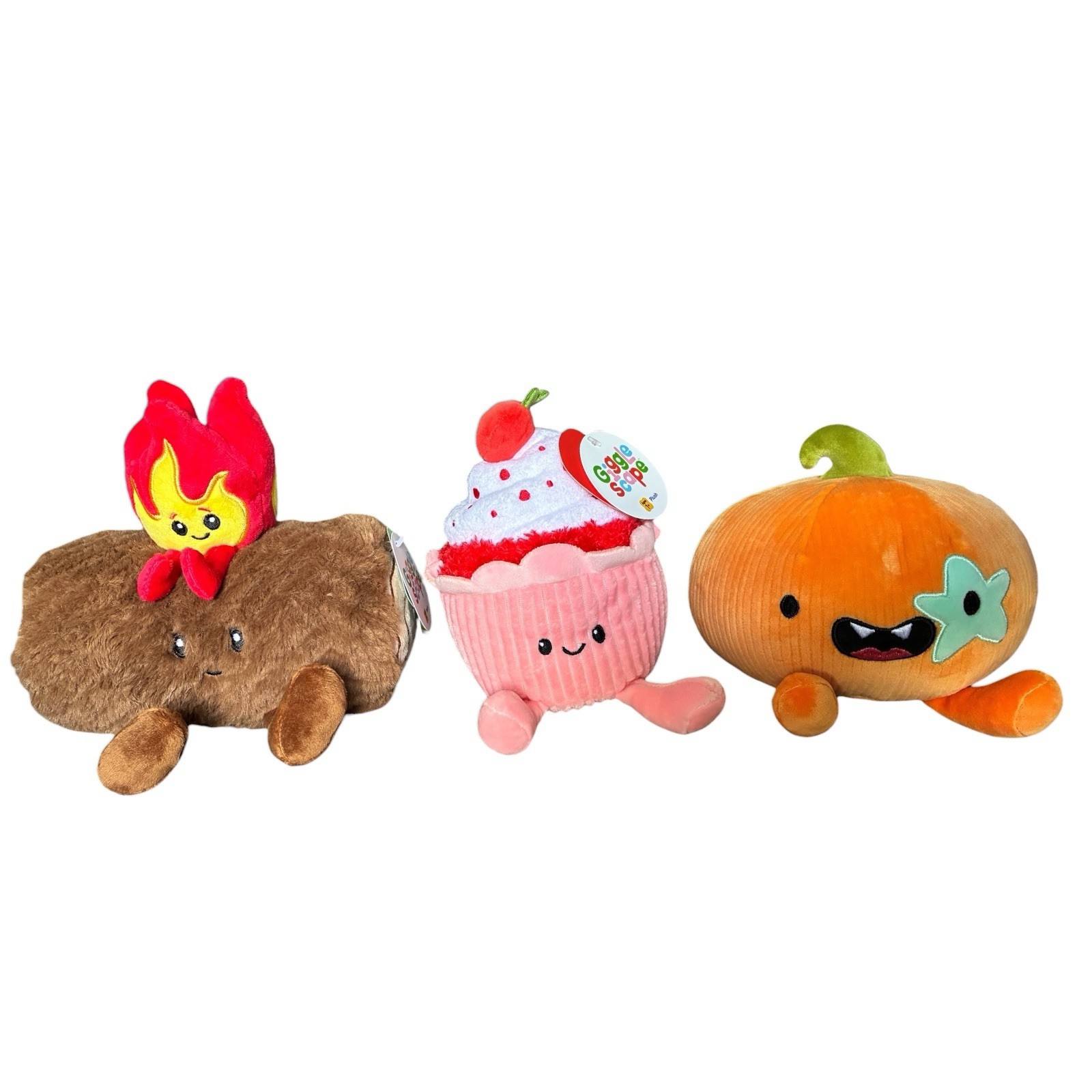Gigglescape Seasonal Holiday Lot of 3 Plush Campfire Log, Pumpkin, and Cupcake
