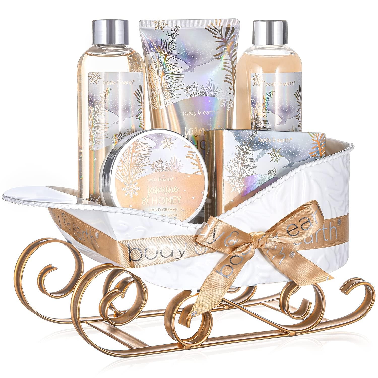 Gift Baskets for Women, Body & Earth Set with Jasmine 5 Piece Set, cream 