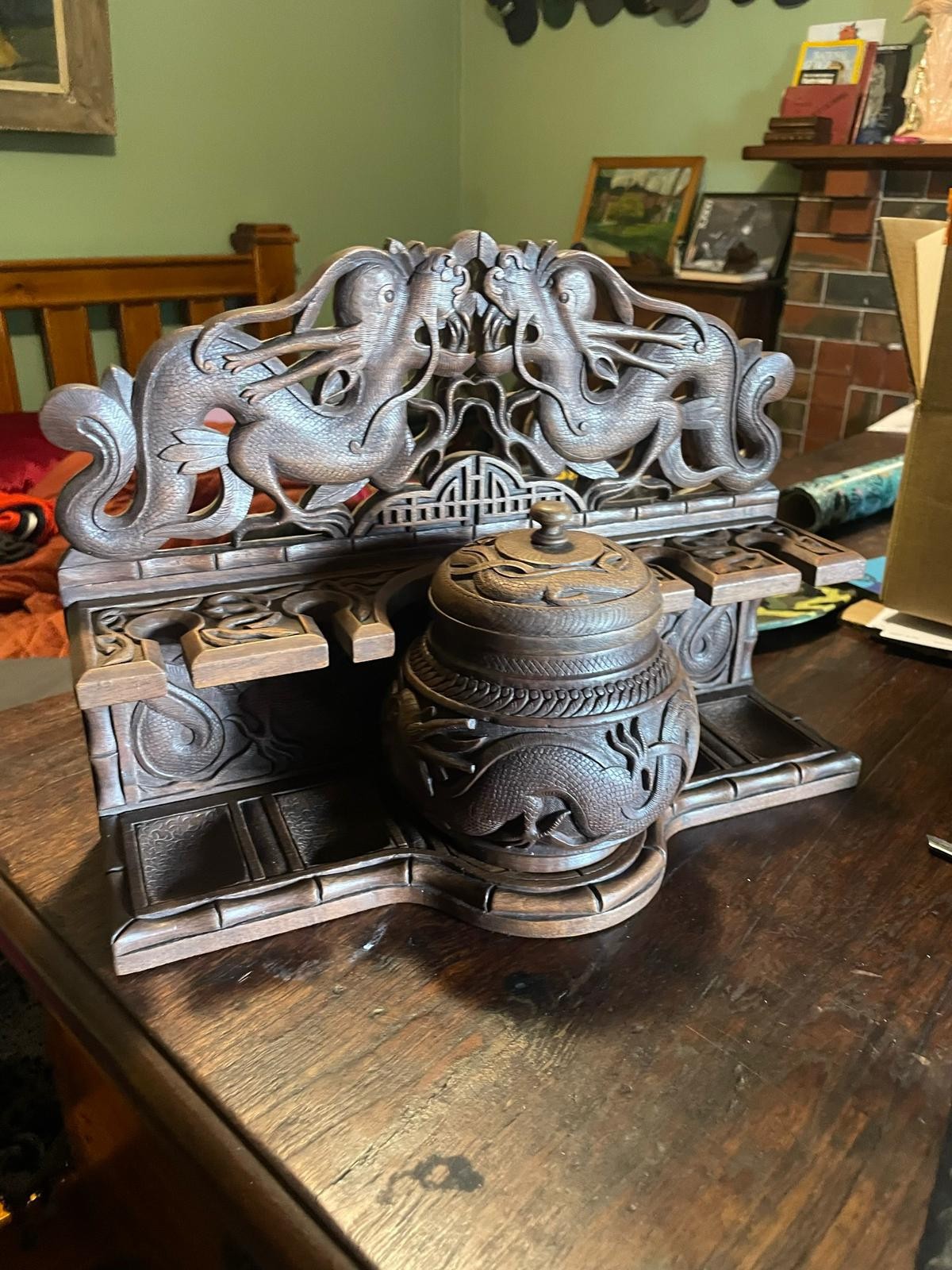 Antique Anglo-Indian Walnut Pipe Rack & Tobacco Jar – Hand-Carved Kashmir c.1900
