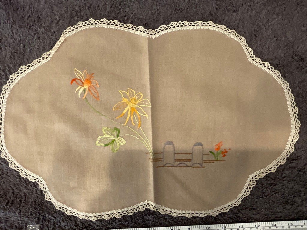 Large Vintage Handmade Embroidered Linen  Doily -18 x 11  inch