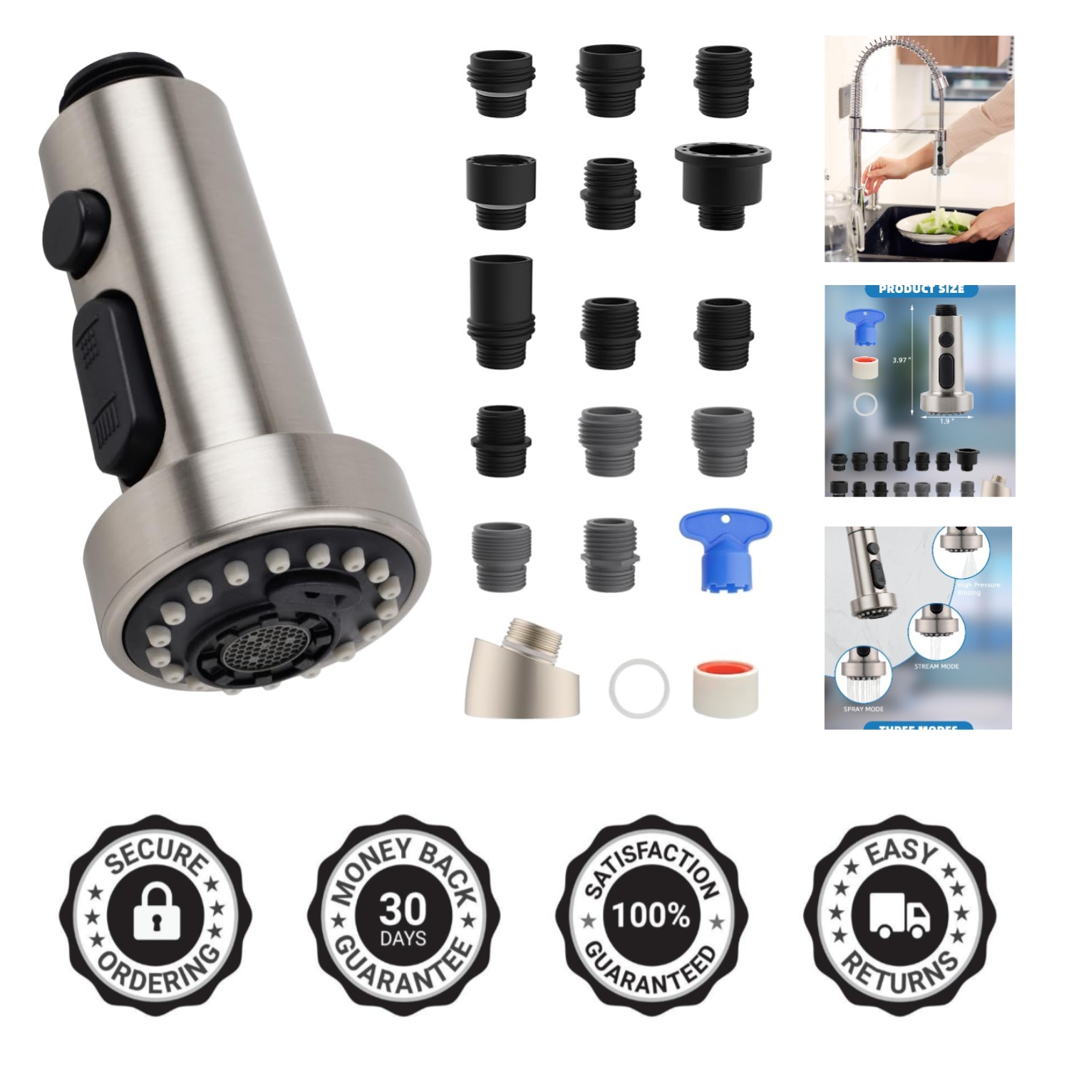 Brushed Nickel Pull Down Faucet Head - NSF Certified, Easy Installation, 1.8 GPM