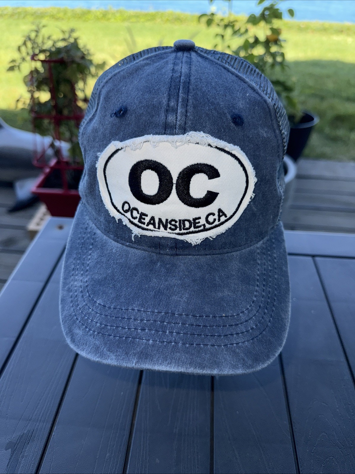 OC Oceanside CA in Navy  on White Distressed Patch on Blue Trucker Hat Cap EUC