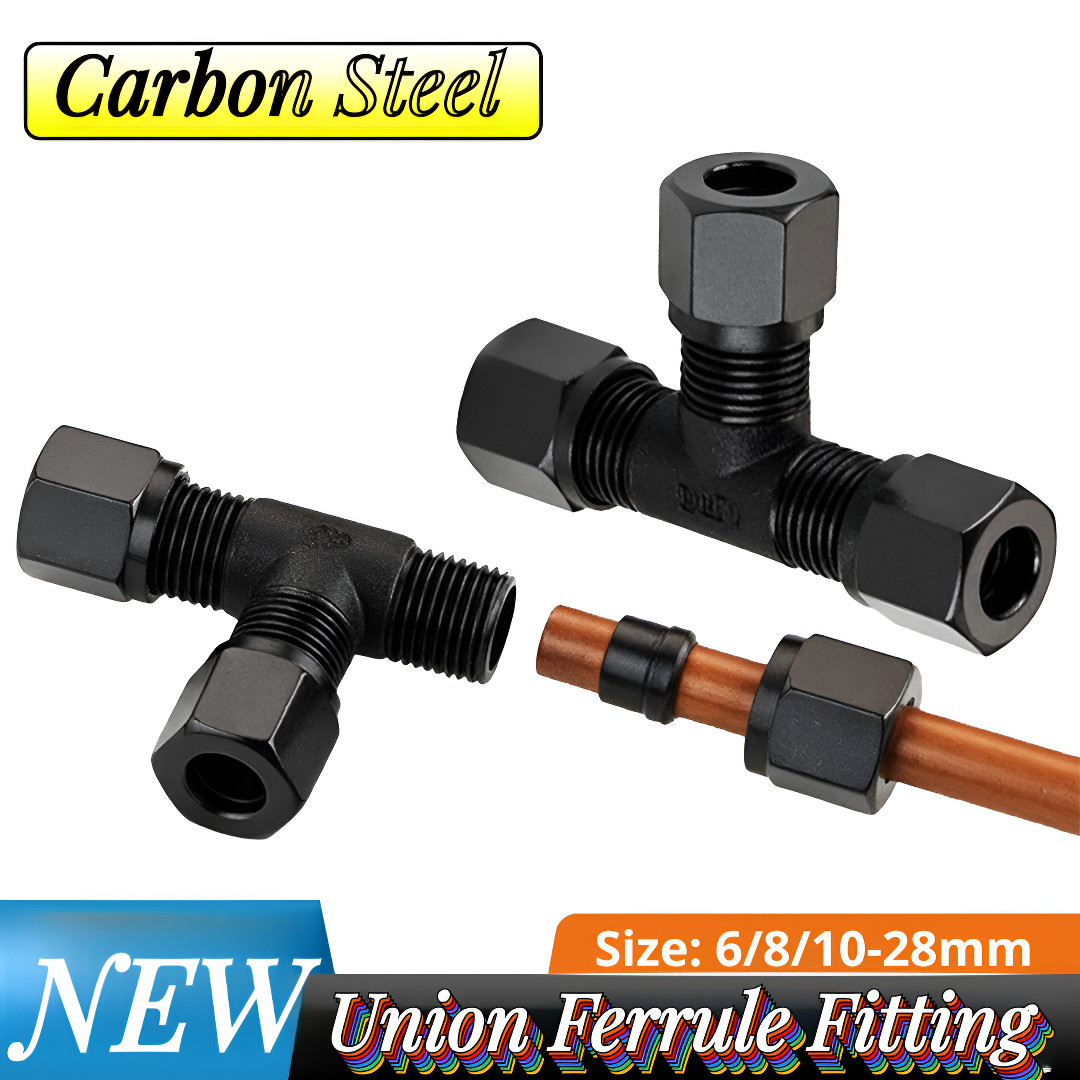 Carbon Steel Compression Tee Ferrule Fitting 6-28mm Tube OD Male Pipe Connector