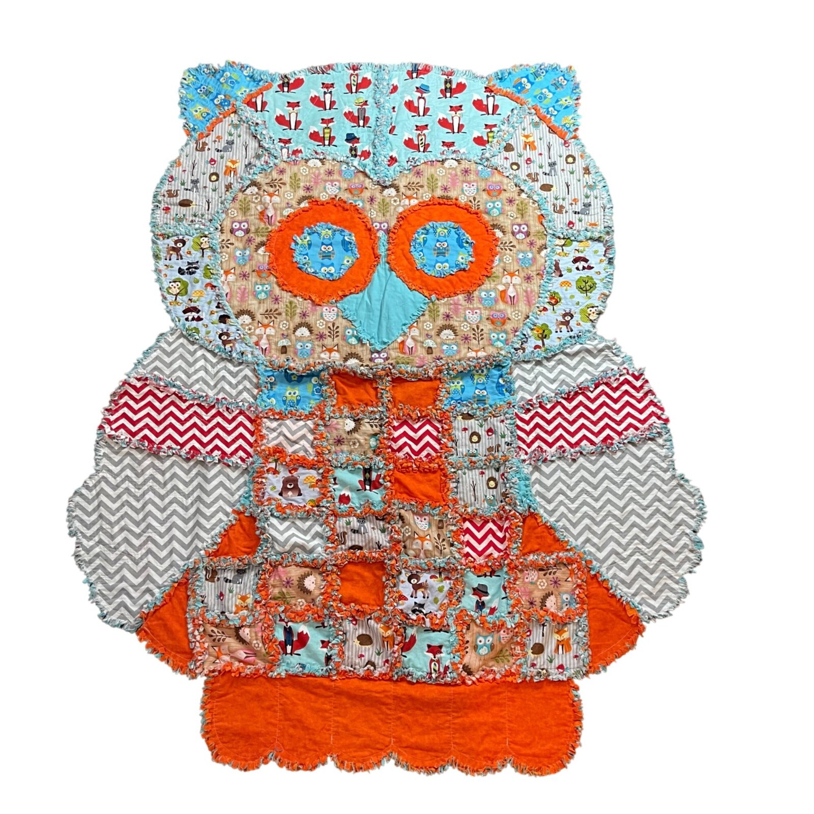 Handcrafted Quilted Owl Blanket Multicolor Woodland Patchwork Print 47in X 58 in