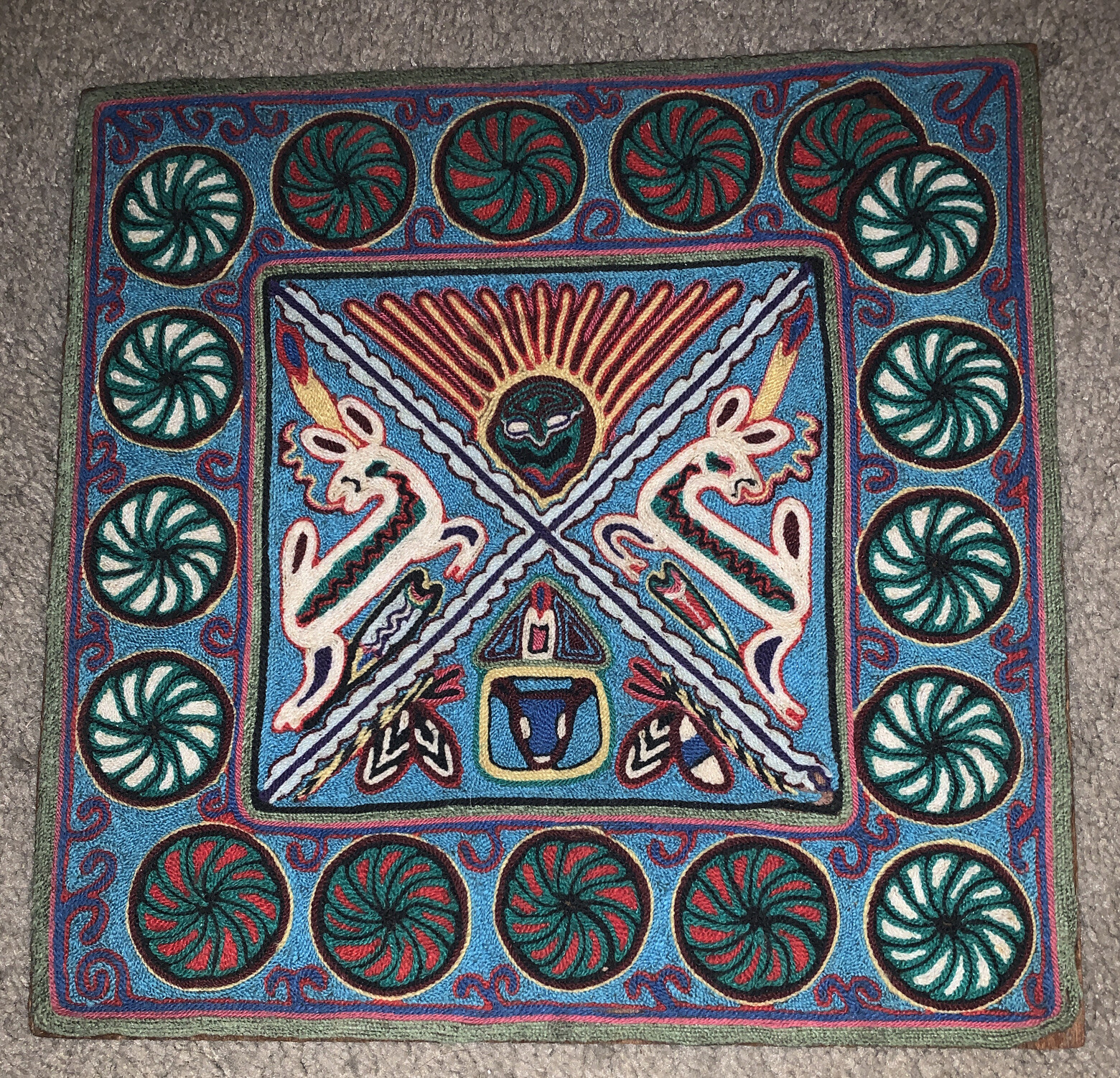 Vintage Embroidery-Unique & Awesome 11-3/4” X 11-3/4” Bestiary Allegory