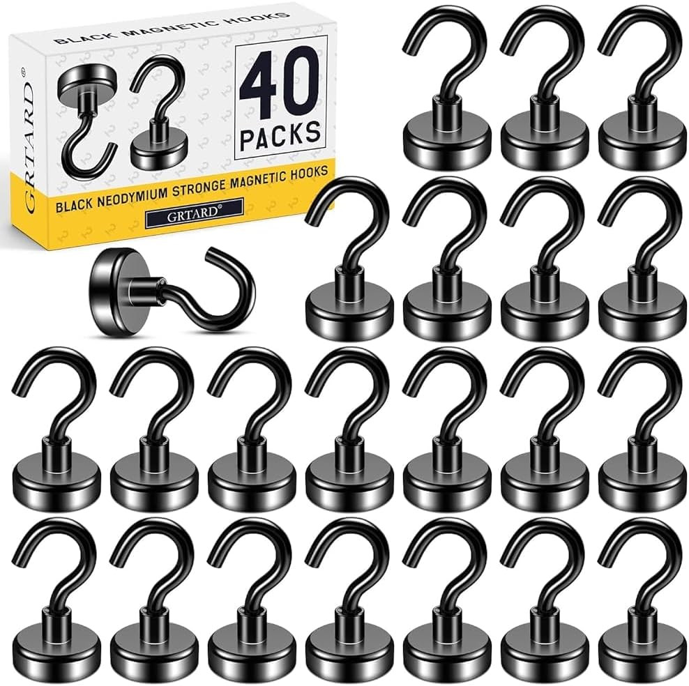 Grtard 40 Pack Black Magnetic Hooks, 25LBS Neodymium Magnet Hooks Heavy Duty, St