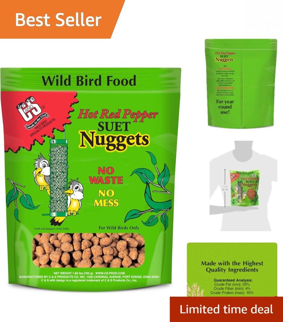 Mess-Free Hot Pepper Suet Nuggets - 27 oz No Waste Wild Bird Food for All Breeds