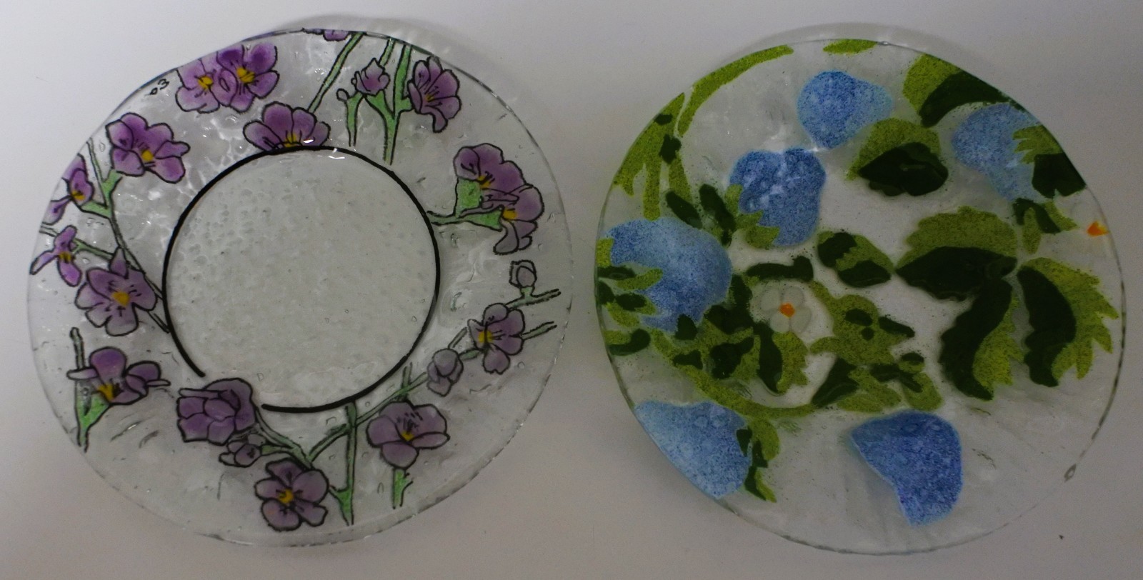2 Sydenstricker Fused Glass Plates with Red Strawberry & Flowers, Signed