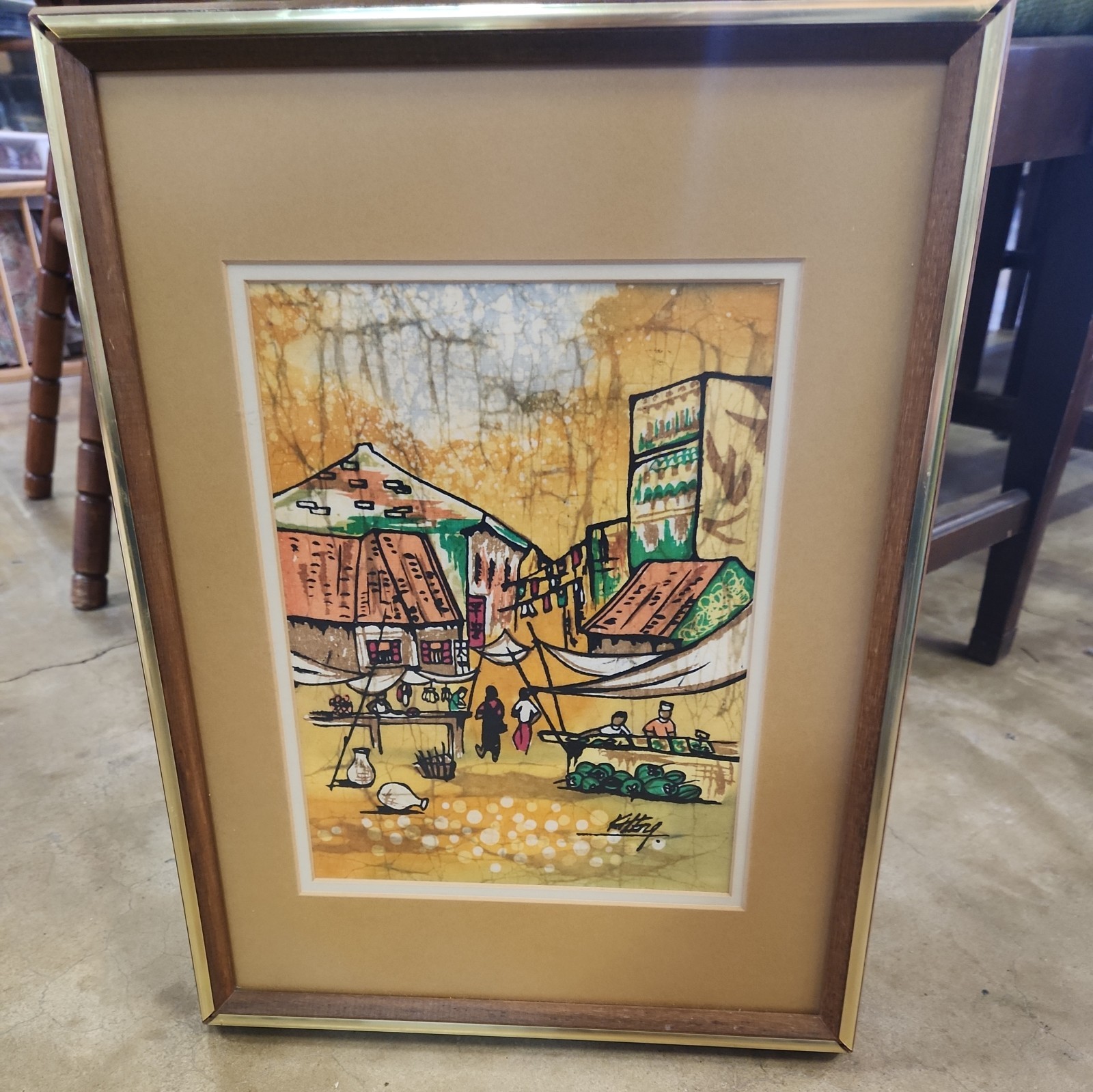 Vintage Batik Fabric Matted Framed Art  17.5" x 13"  bustling market scene