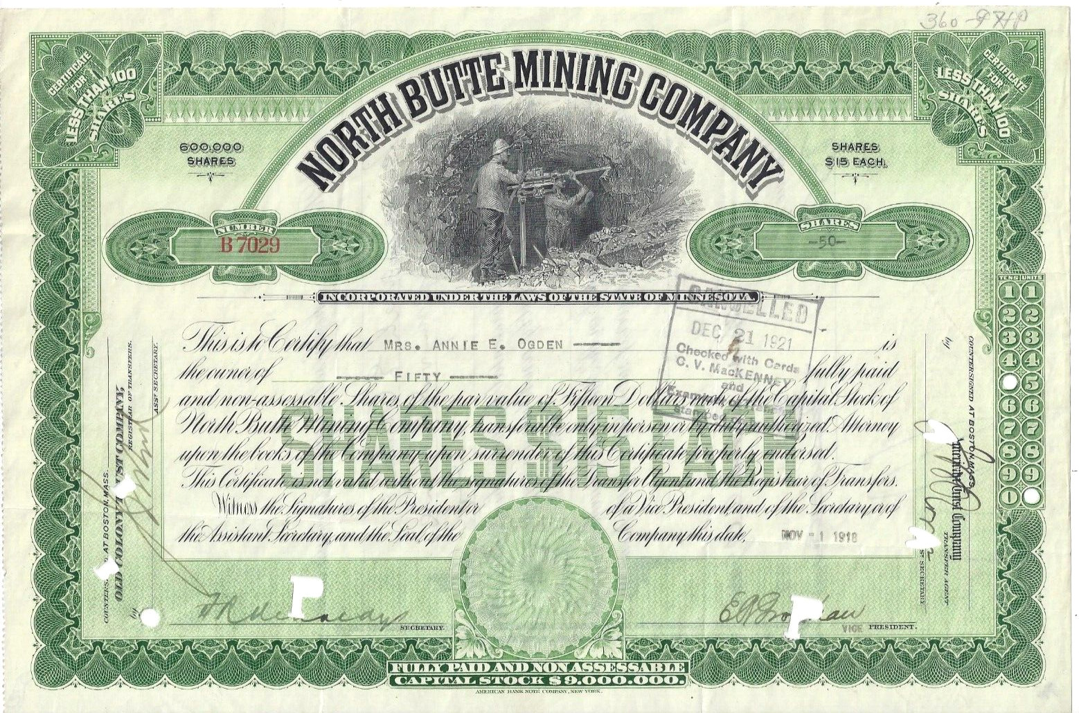Original North Butte Mining Company Stock Certificate Minnesota perforated fold