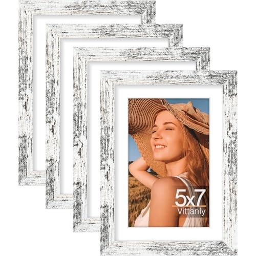  Picture Frame Set of 4, Display Pictures 4x6 with Mat or 5x7 Distressed White