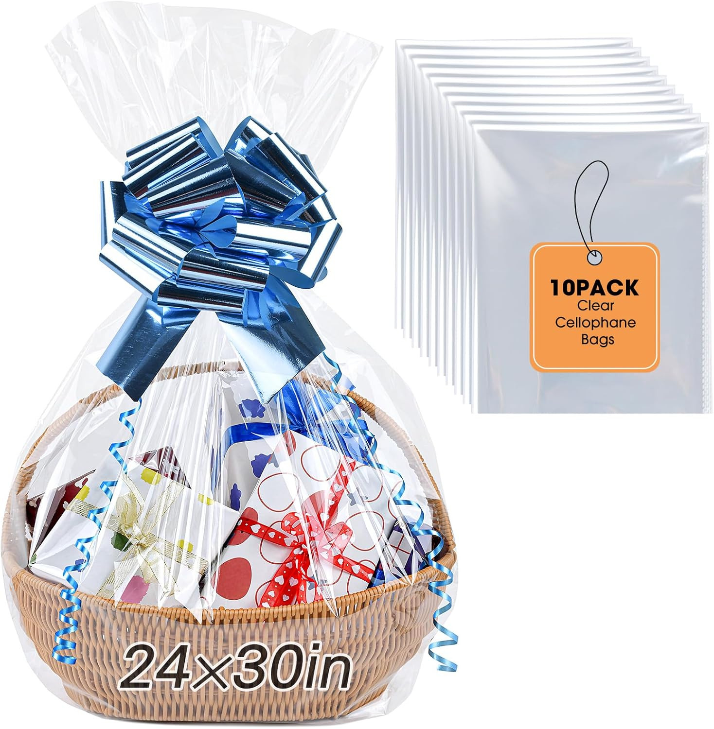10PCS Large Cellophane Bags, 24x30 Inches Clear Cellophane Wrap for Gift Baskets