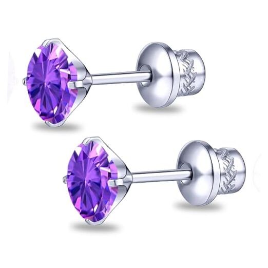 G23 Titanium CZ Stud Earrings, Hypoallergenic F136 Implant Grade Purple CZ