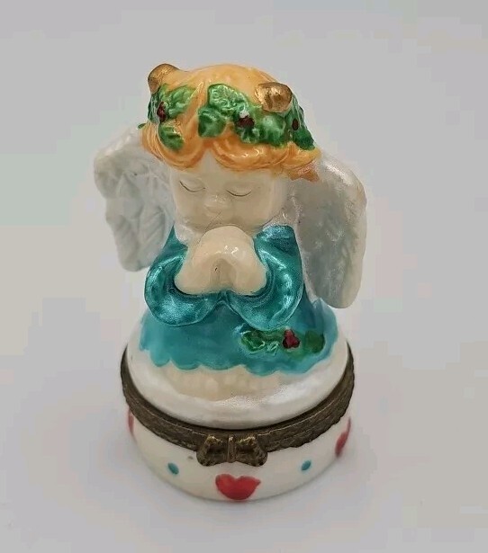 Christmas Angel Trinket Box Shimmer 3” Hinged Hearts Blue Dress Praying W/Wings