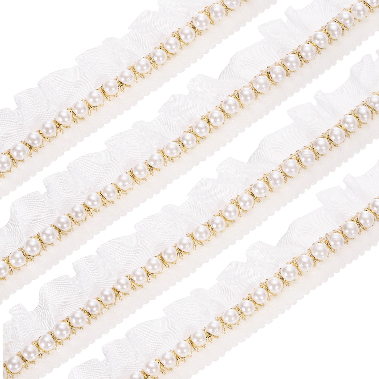 Pleated Lace Ruffle Trim Ribbon 10 Yards 1.2" Wide, White Veil with White Beads