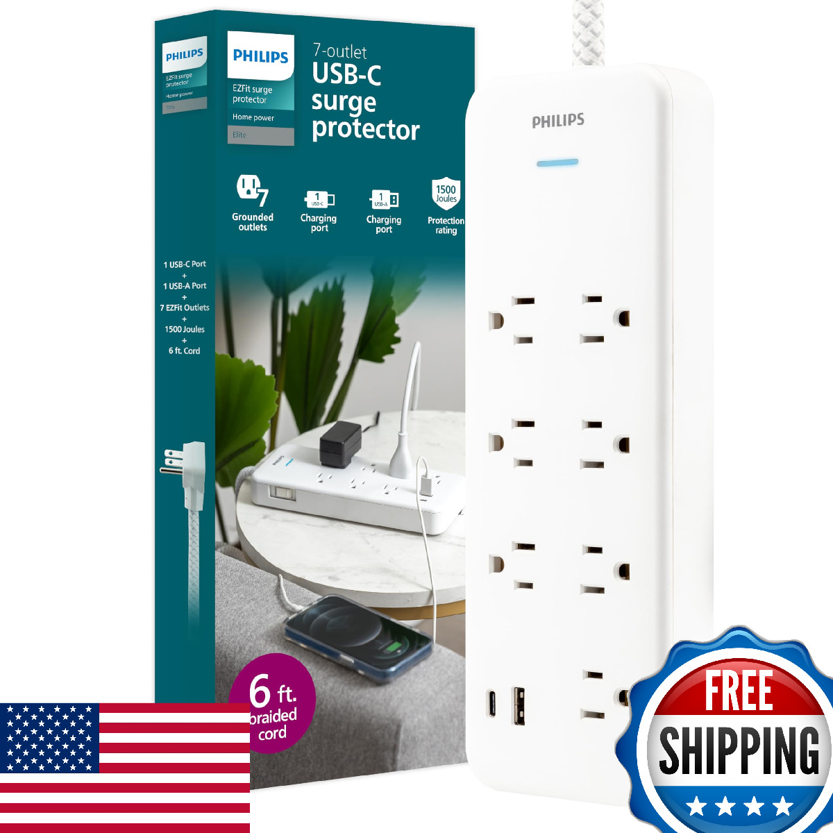 Philips 7-Outlet Surge Protector w/ USB Charging, 6ft Braided Cord
