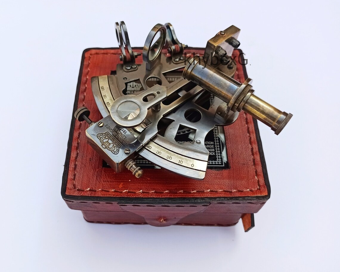 Nautical Brass Working Sextant, Antique Maritime Navigational with Leather Box
